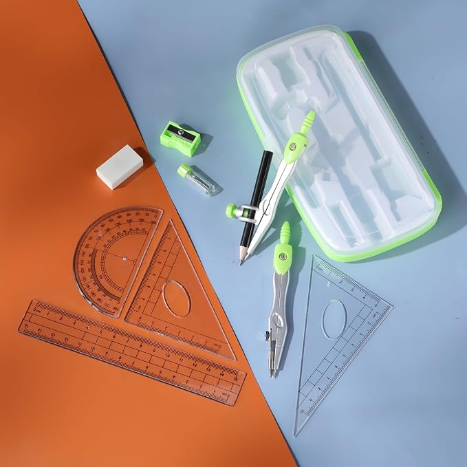 Zonon Math Geometry Set for Students 10 Pcs Compass Geometry Tools Kit Includes Protractor Compass Lead Refills Rulers Pencil Sharpener Eraser Pencil Storage Box for Drafting and Drawings(Green)