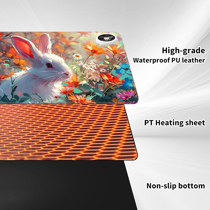 Heated Desk Pad Mouse Pad,Heated Desk Mat,with 3 Heating Levels & 3 Hours Auto Shut-Off,Leather 23.6"*14.2" Gaming Mouse Laptop Mat,Foot Warmer,Cute Rabbit Floral
