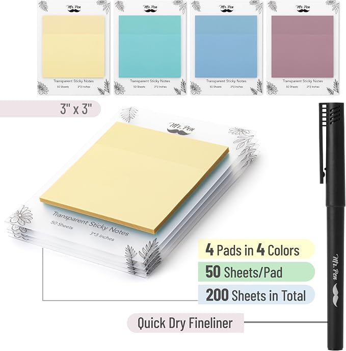 Mr. Pen- Transparent Sticky Notes, 3" x 3", 4 Pads, 200 Sheets | Morandi Colors, See Through Self-Adhesive Notes with Fineliner for Bible Journaling and Studying, Water-Resistant