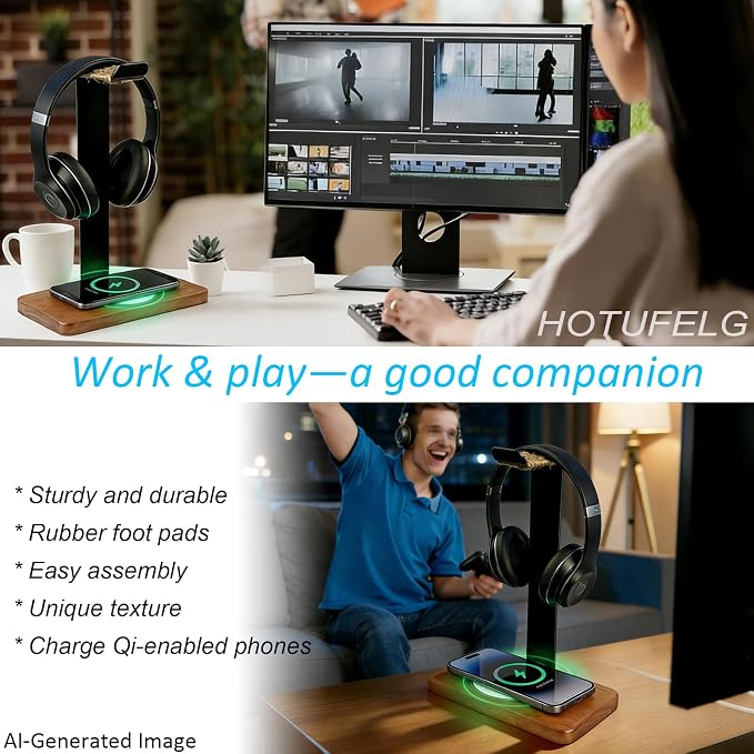 Handmade Wood Headset Stand with 15W Wireless Charging Pad- QI Wireless Charging Dock Compatible with iPhone 17/16/15/14 /Samsung Series,2-in-1 Universal Holder for All Table Headphones