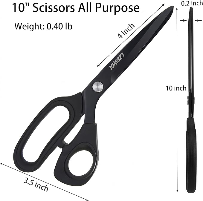 10-Inch Scissors All Purpose Heavy Duty for Office & Crafts, Black | Thickened stainless steel shears, ergonomic soft grip. Smoothly cuts fabric & paper for home, teaching & various DIY projects