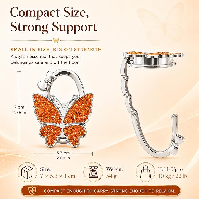 Purse Hook for Table, Foldable Handbag Hanger for Women, Portable Bag Holder with Non-Slip Base, Cute Sequin Orange Butterfly Purse Table Hook for Restaurant Office Travel Gift