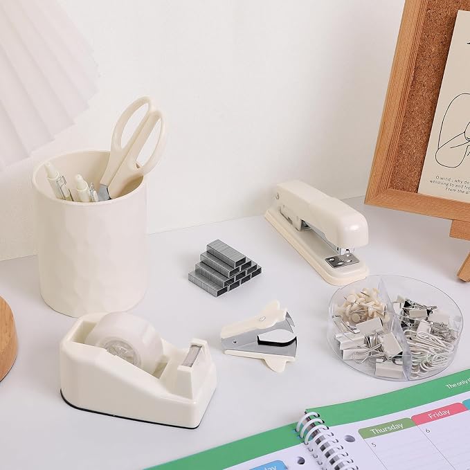 Office Supplies Set – All-in-One Desk Accessories Kit with Stapler, Tape Dispenser, Scissors, Clips & Remover, Cute Desk Organizer Set for Home Office, School & Workspace Organization