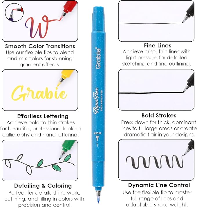 Grabie AquaFlex Sign Brush Pen Set of 12 – Flexible Brush Tip with Waterproof, Archival Ink for Calligraphy, Journaling, Drawing & Illustration – Vibrant, Quick-Drying, Non-Toxic & Smudge-Proof