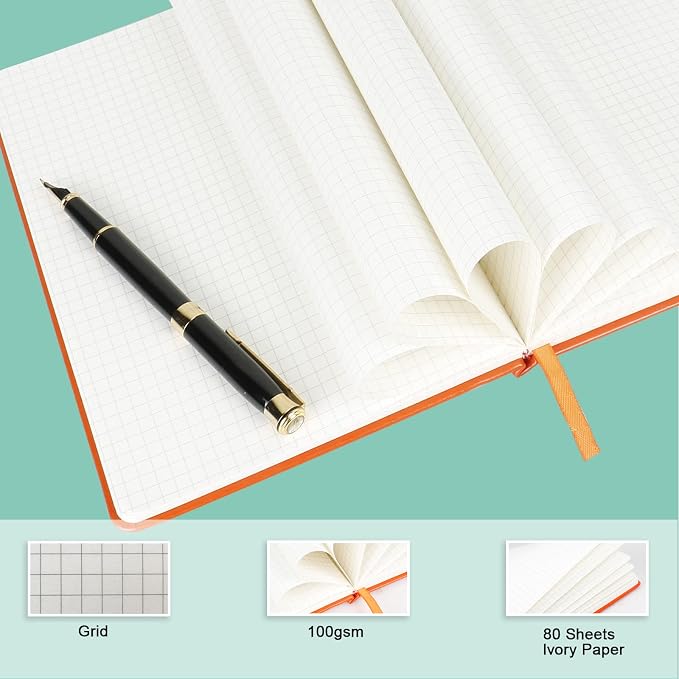 Grid Journal Bullet Notebook - Orange Leather Cover, 8.3 x 5.7Inch, 160 Pages, 100gsm Paper, Hardcover with Inner Pocket, Elastic Closure and Ribbon Bookmark, Great for Women and Men
