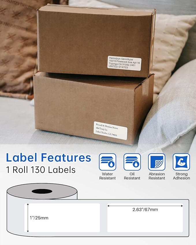 Phomemo Address Labels for M-Series Label Makers, Thermal Mailing Stickers | Easy to Peel Off. White, 1" x 2-5/8", 130 Per Roll, 3 rolls