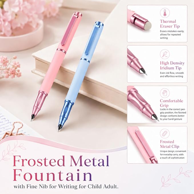 Thermal Erasable Fountain Pen,0.38mm Fine Nib,Suitable for Office Use,Note-taking,Journaling,and Drawing(Pink, Blue)