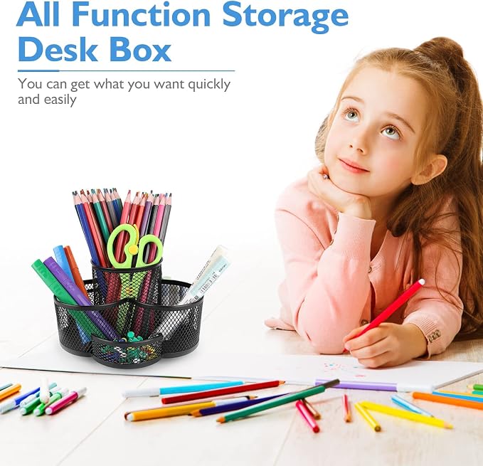 360 Rotatable Metal Mesh Desktop Pen Holder Pencil Holder Pencil Organizer Stationery Organizer Pen Pot Makeup Brush Organizer for Home School Office (Blue)