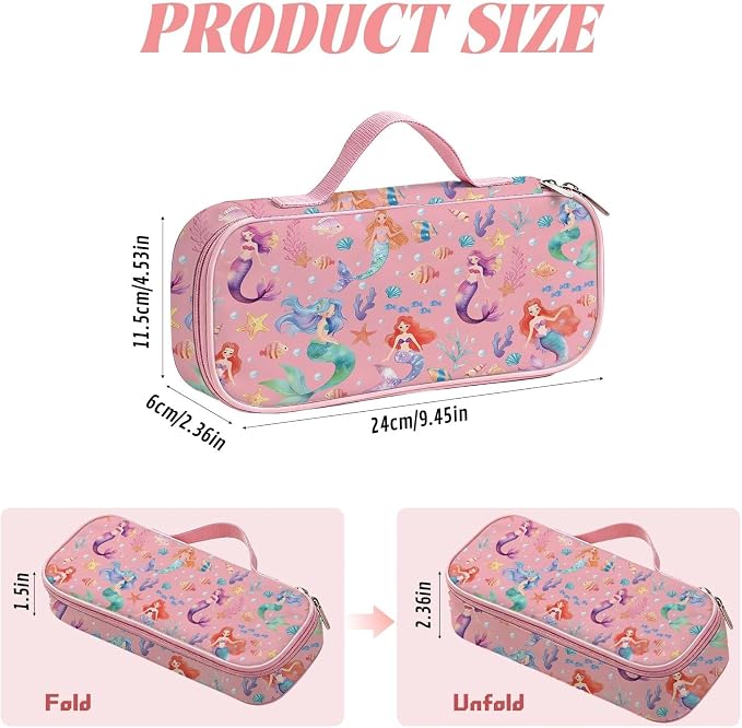 Mermaid Pencil Bag for Girls, Large Capacity Pink Kids Pencil Case with Zipper Compartments, Portable Pen Pouch Bag for Office School Travel