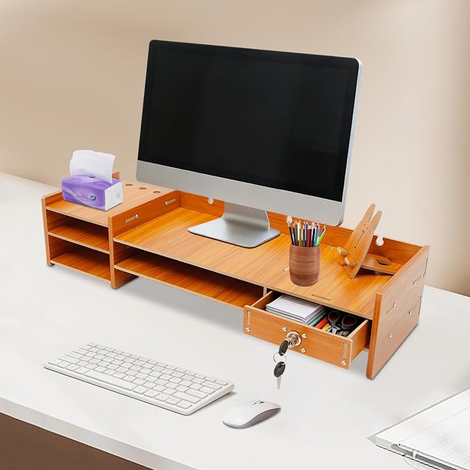 Computer Monitor Stand, Wooden Monitor Riser with Lockable Drawer and Storage, Multi Wooden Desktop Storage Stand for Laptop Printer Screen and Office Supplies Organizer, 25.2" x 7.87" x 5.33" (1 Drawer)