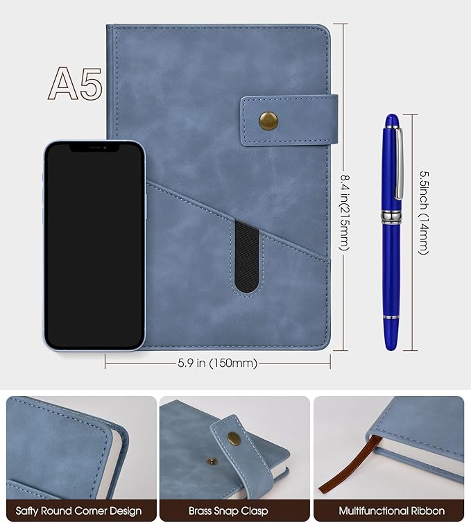 Lined Journal Notebook with Pen, A5 Personalized Hardcover Leather Journal for Men Women, 200 Pages 100 GSM Thick Paper College Ruled Notebooks for Work Travel School Writing Diary 5.9" X 8.4" Blue