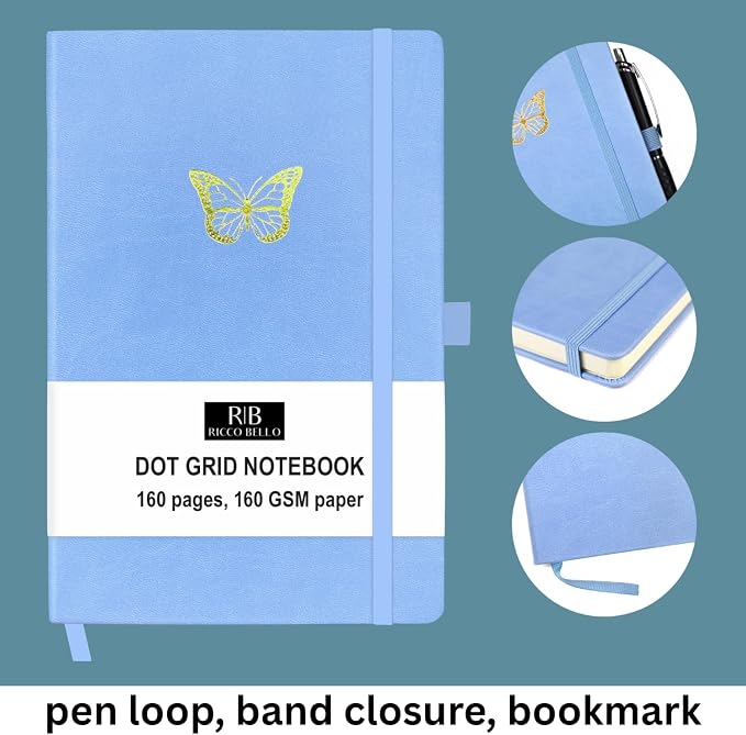 RICCO BELLO Lined Journal Notebook, Butterfly, 5.7 x 8.4-Inches | Faux Leather Hardcover, Pen Holder, College Ruled, 96 Sheets / 192 Pages, For Work & Notes