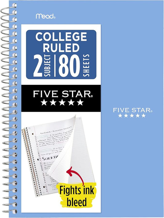 Five Star Spiral Notebook, 2 Subject, College Ruled Paper, 6" x 9.5", 80 Sheets, Blue (840029CG1)