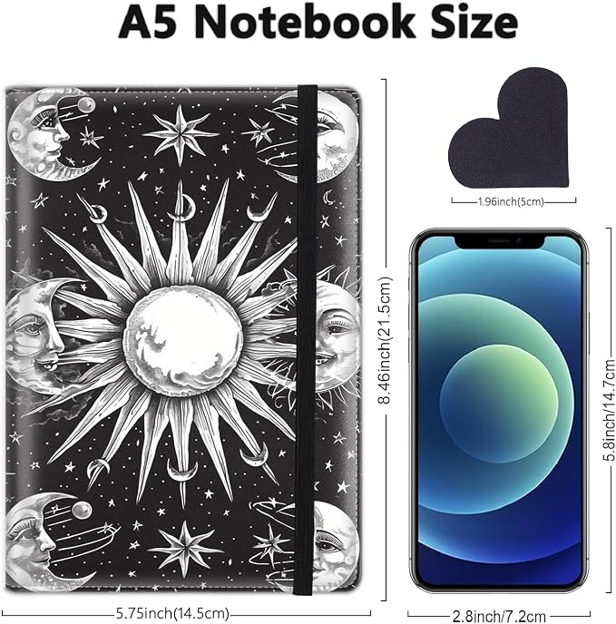 A5 Leather Lined Journal Notebook, 200 Pages Hardcover Executive Notebook for Office School Note Taking, Thick Writing Paper Daily Journal with Bookmarks/Indexes, Black and White Sun Moon