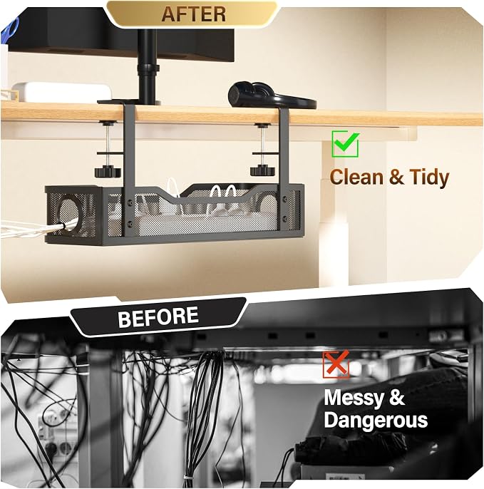 [Upgraded] 2 Pack Under Desk Cable Management Tray, Cinati Cord Organizers for Table Thickness up to 3", 16" Wire Organization with Clamp No Drill, Cable Management Box for Office - No Damage to Desk
