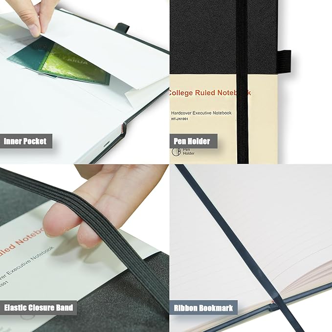 Heture Hardcover Notebooks, 6 Packs A5 Lined Journals Notebook for Writing 160 Pages, 8.2 x 5.5 inch, Black Classic Ruled Notebooks for College/Work/Travel (Black-6 Pack)