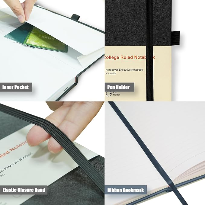 Heture 10 Pack Hardcover Journal Notebooks, A5 Lined Notebook for Writing and Work, 160 Pages 100 GSM Thick Paper, Ruled Notebooks Bulk with Elastic Closure, Hardcover Notebook for Work, School, Travel, Note Taking (Black)