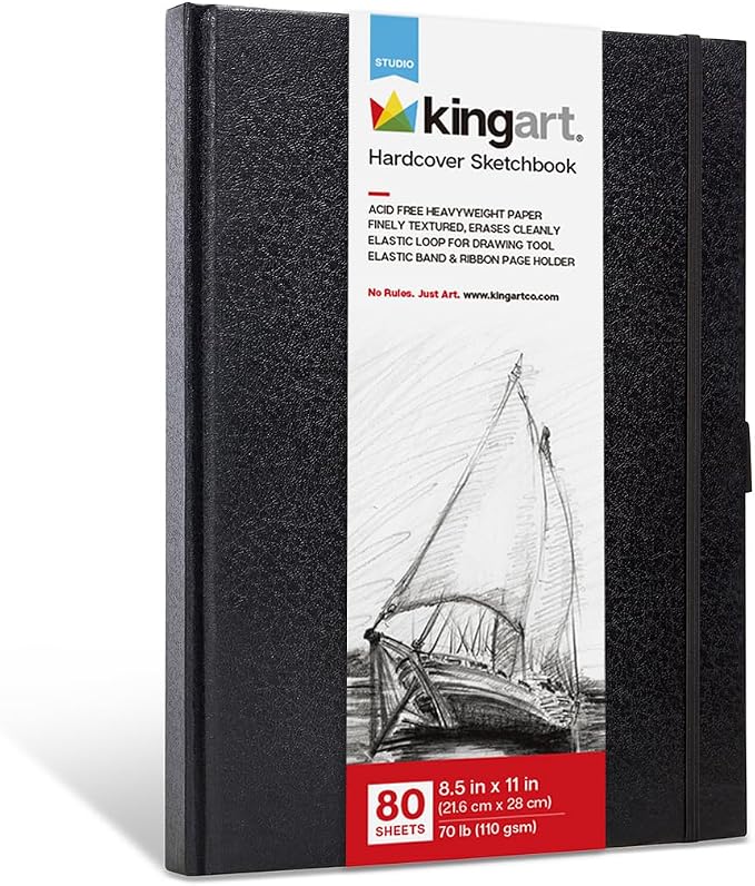 KINGART Hardcover Sketchbook Journal – 8.5 x 11 Inch, 1-Pack – 80 Sheets (160 Pages), 70 lb (110 GSM) Acid-Free Heavyweight Black Bound Notebook