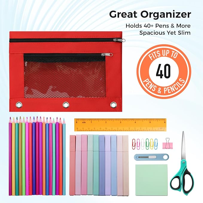 Pencil Pouch for 3 Ring Binder, Pencil Case Bag with Zipper, 600D Fabric Pencil Pouch Holder Accessories, Clear Window Pencil Case Aesthetic Back to School Organizer Pockets for Boy Girl (Red)