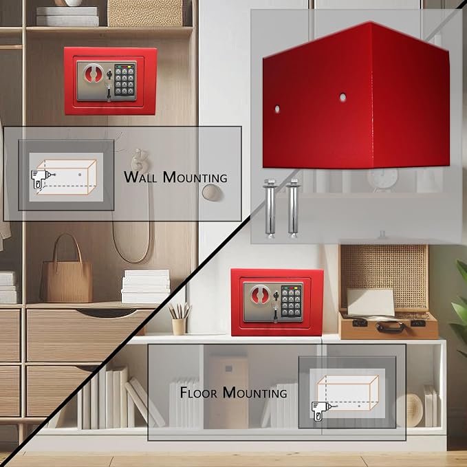 Yuanshikj Small Steel Security Safe Box with Keypad,Key;0.23 Cu Ft, Red | Electronic Digital Secure,9.1" W x 6.7" D x 6.7" H,Hidden for Home Dorm Apartment Hotel Office Cash Jewelry Storage