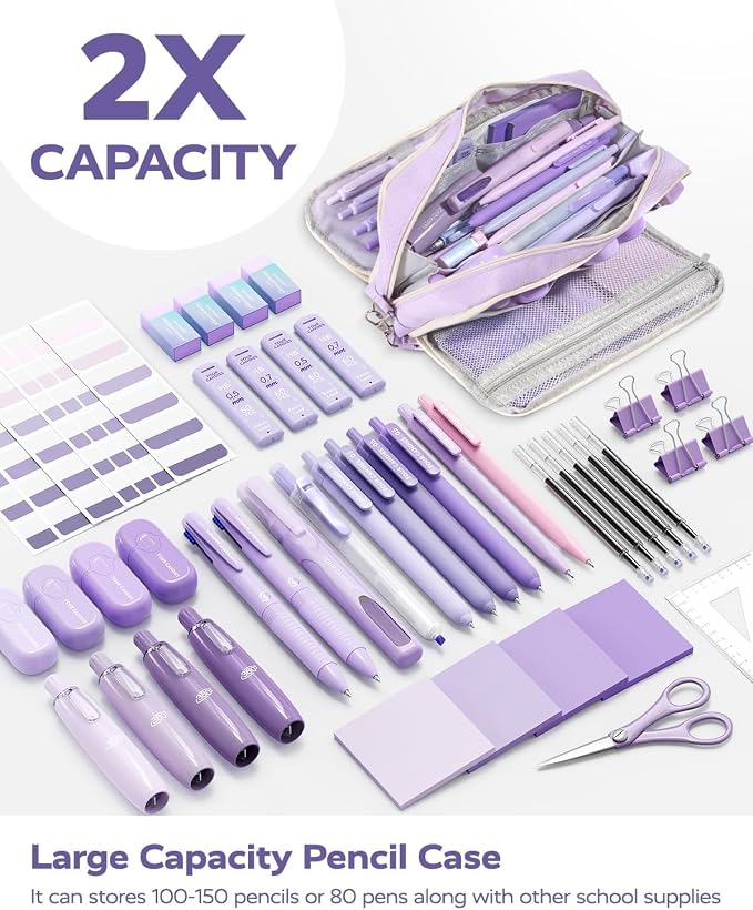 Four Candies Puple Pencil Case 3 Compartment Pouch, Large Pencil Case for School, Girls, Teen Boys, Women, Puple, Removable Handle & Zipper, Cute Pencil Bag for Office, College