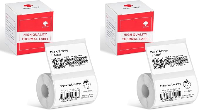 Phomemo Thermal Sticker Label Paper for M120/M110/M220/M250/M150 Label Maker Machine, Multi-Purpose Self-Adhesive Tag 1.96'' x 1.18"(50X 30mm), 230 Labels/Roll,Black on White (Pack of 2)