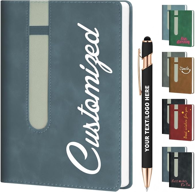ENOMY Personalized A5 Notebook Set 240 Lined Pages Custom Notebook with 10 PC Pens PU Leather Journal Cover to Business Gift College Birthday Corporate Men & Women, Deep Blue