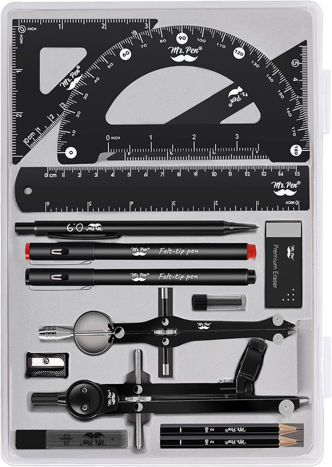 Mr. Pen- Professional Geometry Set, 15 pcs, Drafting Tools with Protractor | Compass, Metal Ruler, Triangles, Pens & Pencils, Complete Geometry & Drafting Kit for Architects, Engineers & Students