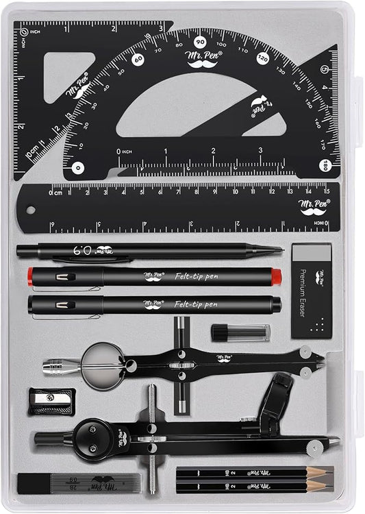 Mr. Pen- Professional Geometry Set, 15 pcs, Drafting Tools with Protractor | Compass, Metal Ruler, Triangles, Pens & Pencils, Complete Geometry & Drafting Kit for Architects, Engineers & Students