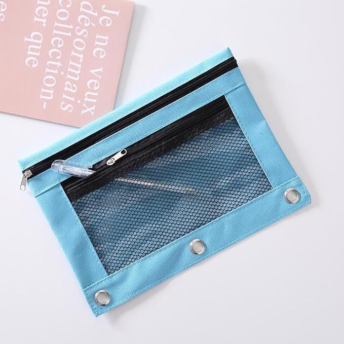 Pencil Pouch for 3 Ring Binder - 3 Hole Zipper Pen Case Bag Holder Bulk Accessories Clear Window Aesthetic Organizer Pockets