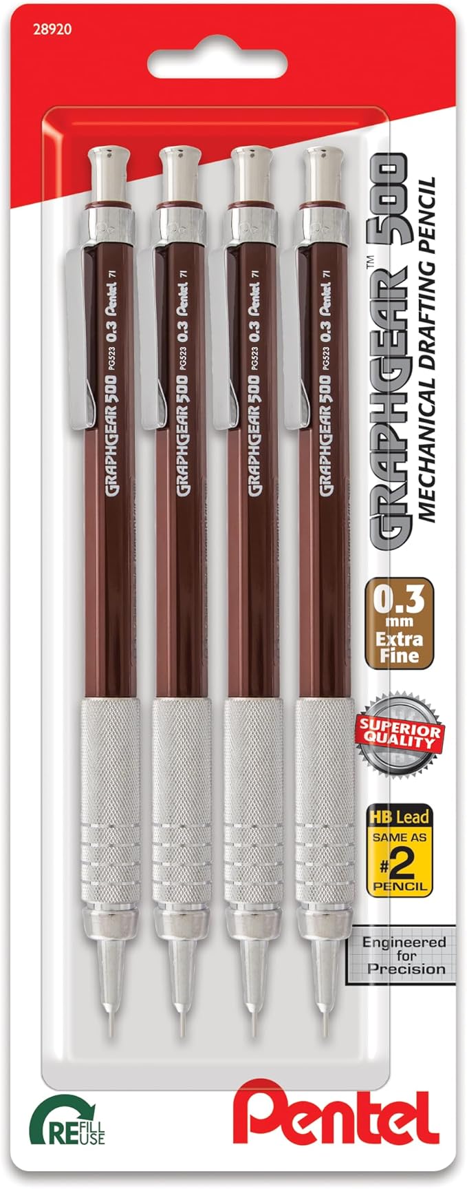 Pentel GraphGear 500 Mechanical Drafting Pencil, (0.7mm), Medium Line, Blue Barrel, Pack of 4 (PG527BP4C)