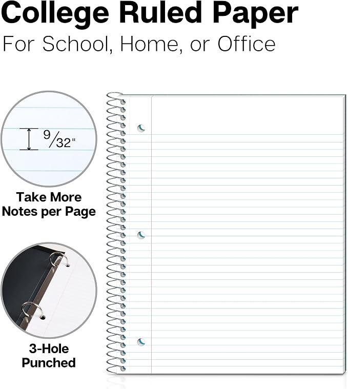 Dunwell 1-Subject Notebook College Ruled, (Blue) 100 Sheets (200 Pages), Perforated Paper, 3 Hole Punched, Spiral Notebook 8.5 x 11, Protective Plastic Cover, Divider with Pockets