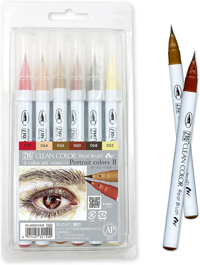 Kuretake ZIG CLEAN COLOR Real Brush 6 colors set 'Portrait colors Ⅱ' for illustration, design art, lettering, calligraphy, drawing