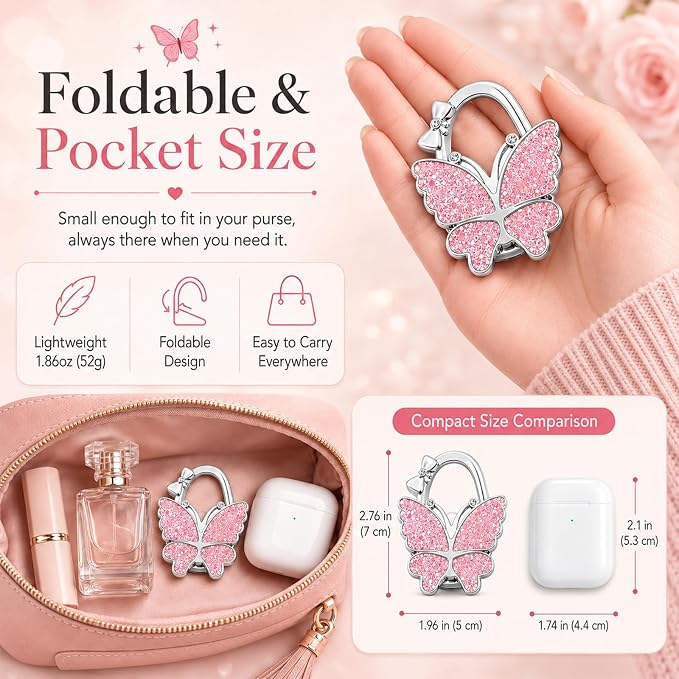 Purse Hook for Table, Foldable Handbag Hanger Holder for Women | Portable Bag Holder with Non-Slip Base, Cute Pink Glitter Butterfly Purse Table Hook for Restaurant Office Travel Gift