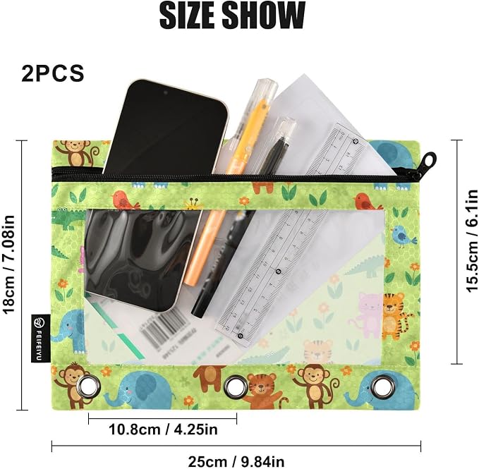 Emelivor Cartoon Animals Green Pencil Pouch for 3 Ring Binder 2 Pack Binder Pencil Case with Clear Window Pencils Bags with Zipper for Office Daily College Home Supplies