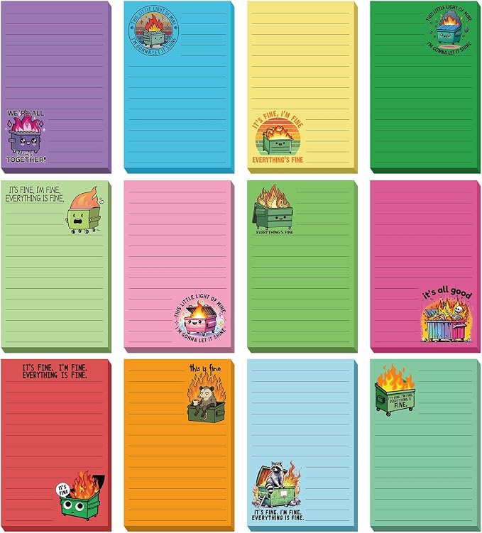 12 Pack Funny Notepads, 5x3 Inches Sarcastic Note Pads Memo Fun Office Gifts for Coworkers Work Women Men Employee Teacher Boss Desk Accessories Gifts(Dumpster Fire,Multicolor)