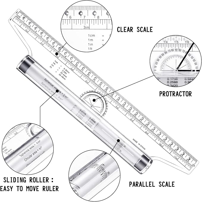 Frienda 2 Pieces Plastic Measuring Rolling Ruler Drawing Parallel Multifunctional Drafting Ruler for Architect Office Math(12 Inch)