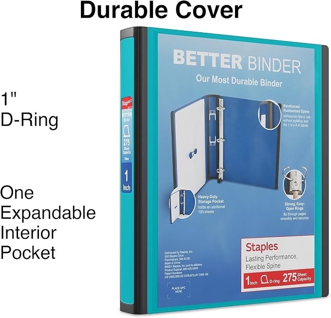 Staples 1-Inch 3-Ring Better Binder, Durable View Binder for Everyday Organization, Teal, 3-Pack