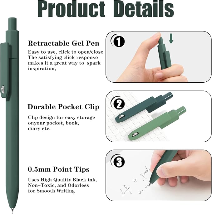 Piochoo Gel Pens, 8 Pack Fine Point Black Ink Smooth Writing Ink Pen, Retractable Quick Dry Aesthetic Cute Pens for Women Nurses School Office Supplies