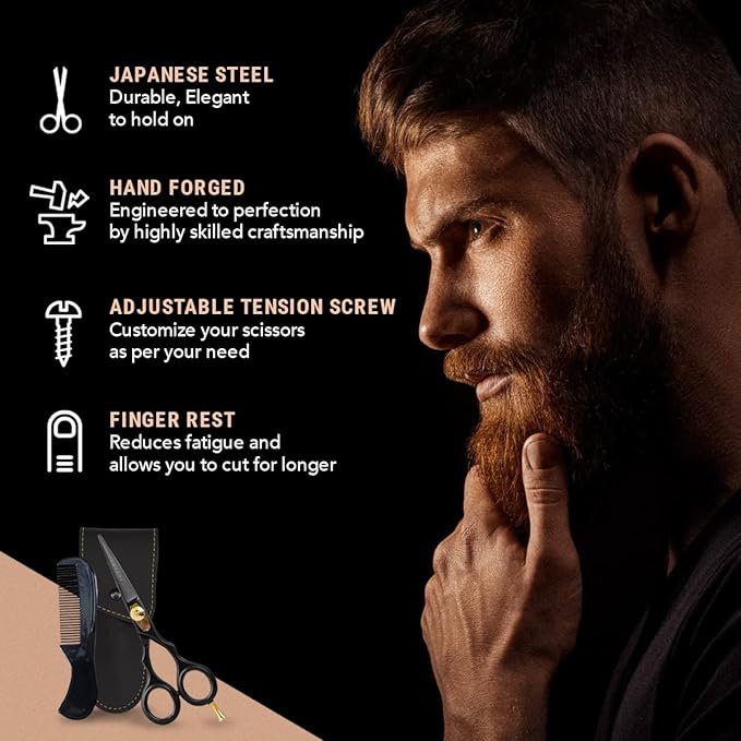 Ontaki Beard & Mustache Scissors for Men - 5.5" Japanese Steel, Black | Precision Sharp Blades, Ergonomic Finger Rest & Adjustable Tension Screw for Perfect Trimming - Beard Grooming Scissors
