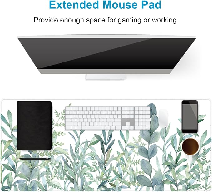 XXL Waterproof Office Desk Pad Protector 35.4x15.7 Inch - Extended Gaming Mouse Pad with Non-Slip Rubber Base, Thickened Keyboard Mat, Stitched Edges & Green Plants Design