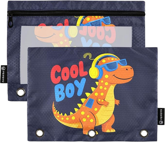 Gredecor Binder Pencil Pouch 3 Ring Cool Boy Dinosaur Zipper Pencil Pouches Case 2 Pack Clear Binder Organizer for School Office