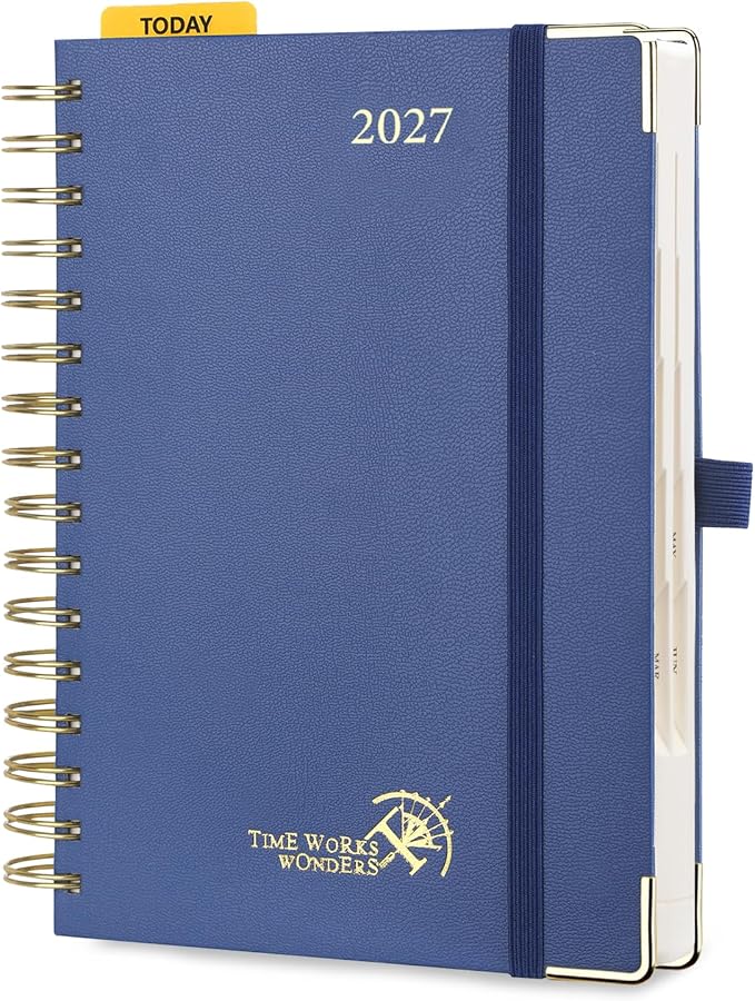 POPRUN 2027 Daily Planner One Page Per Day, 5.75" x 8.5", Calendar Book from Jan 2027 - Dec 2027, Hardcover Appointment Book with Hourly Time Slots, Spiral Bound, Monthly Tabs - Navy Blue