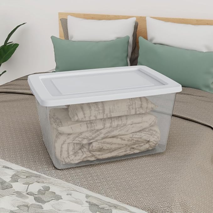 Sterilite Clear Storage Box Stackable Tote, 58 Quart, 16-Pack | Clear Plastic Container with Secure Snapping Lids for Home and Office Organization, White
