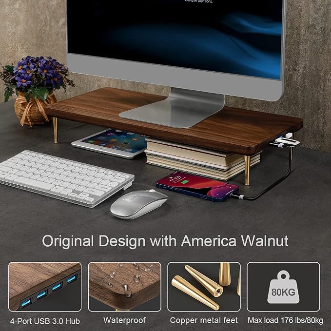 Monitor Stand with 4 USB Ports Walnut Wood Riser for iMac Laptop Computer Monitor – A Sturdy Computer Stand to Elevate Your Screen and Reduce Eye Strain and Maintain Body Position