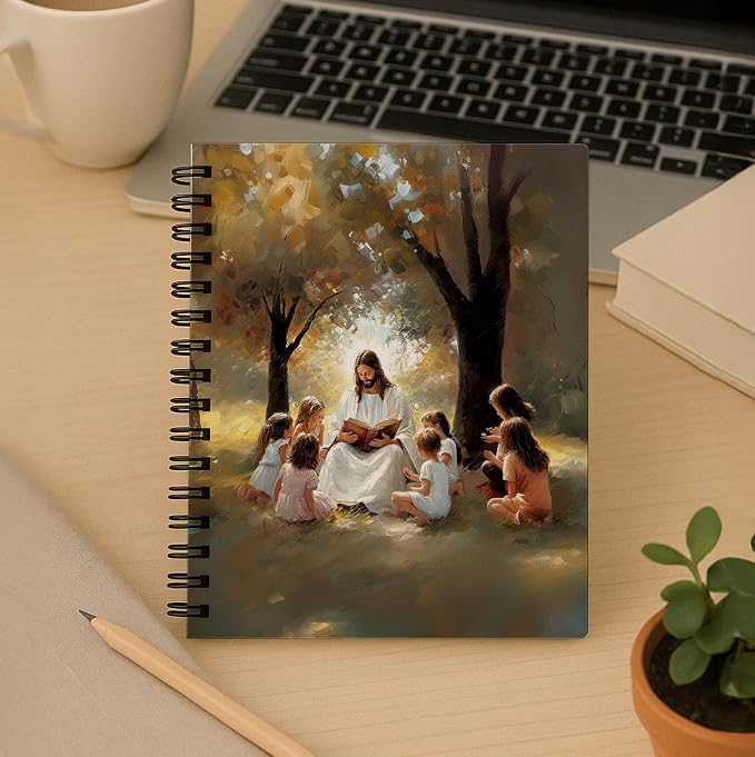 bitCNY Christian Notebook 5.5x8.3 Inches – Jesus with Children Illustrated Faith Journal, Religious Spiral Notebook for Bible Study or Gifts