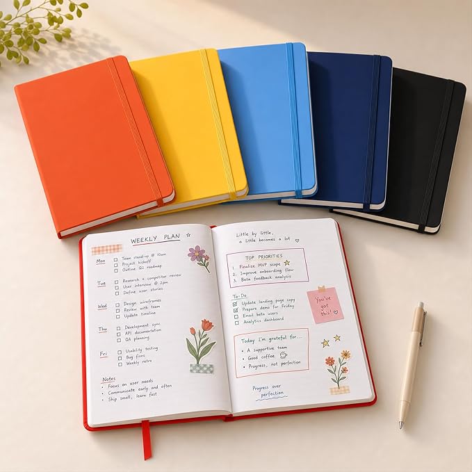 SUIN Hardcover-Journal-Notebooks, A5 Lined Journals Notebook for Writing 200 Pages, 8.2 x 5.5 inch, Classic Ruled Notebooks for Work/Travel/College (Light Blue - 6 Pack)