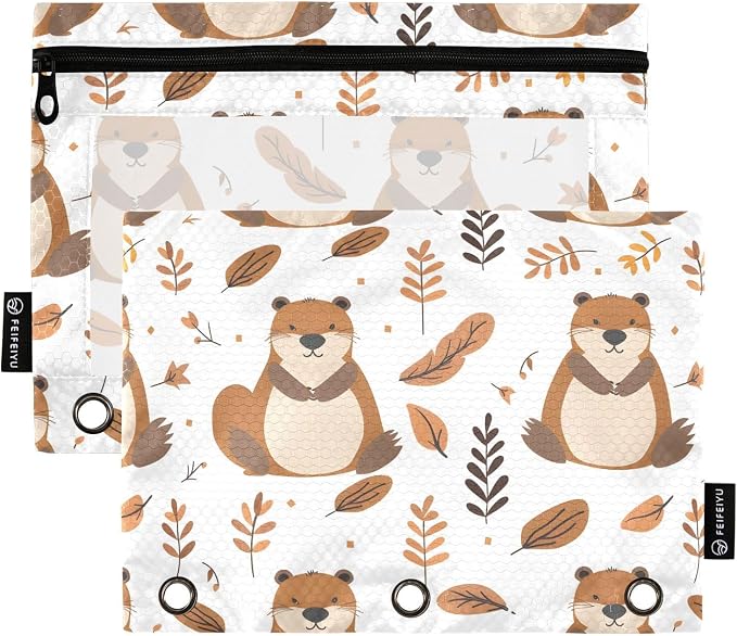 Cute Beaver Forest Animal Pencil Pouch for 3 Ring Binder 2 Pack Zipper Binder Pencil Bag Case with Clear Window Office School Supplies