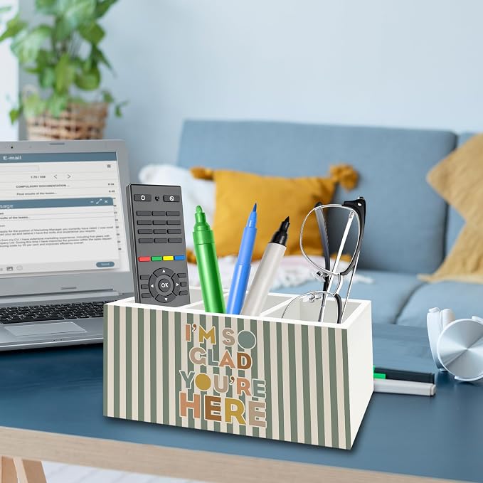 Boho Classroom Pen Pencil Holder Organizer for Desk, I'm So Glad You're Here Sage Green Striped Wooden Box Signs Decorations for Kids Boys Girls Room Bedroom Classroom Desk Tabletop