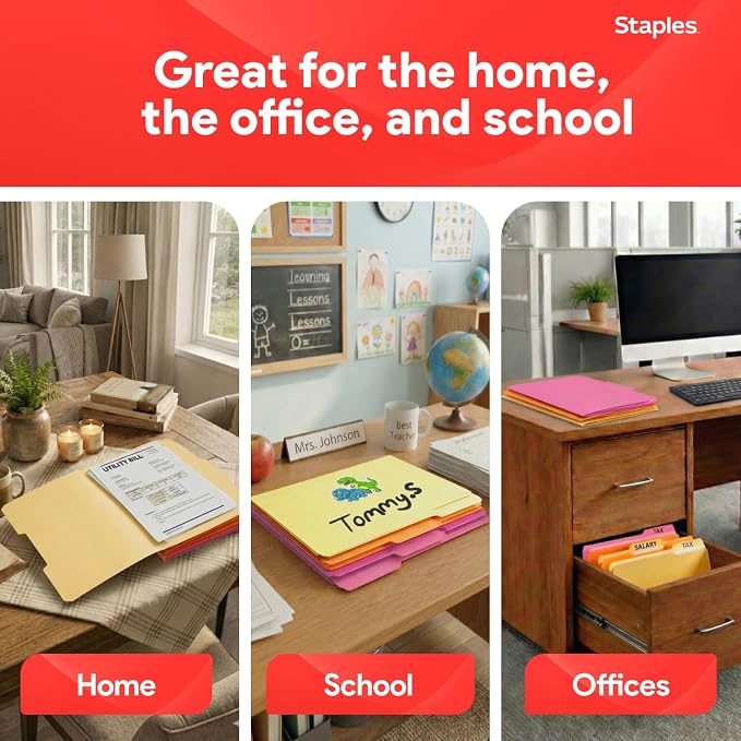 Staples File Folders, Letter Size, 1/3‑Cut Tabs, Assorted Colors, Durable 10.5‑Point Paper Stock, 100/Pack